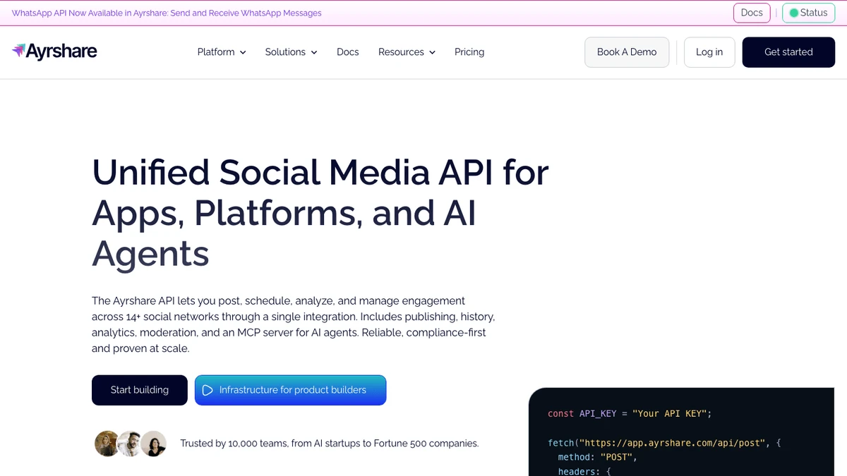 Ayrshare social media API documentation and multi-platform publishing interface