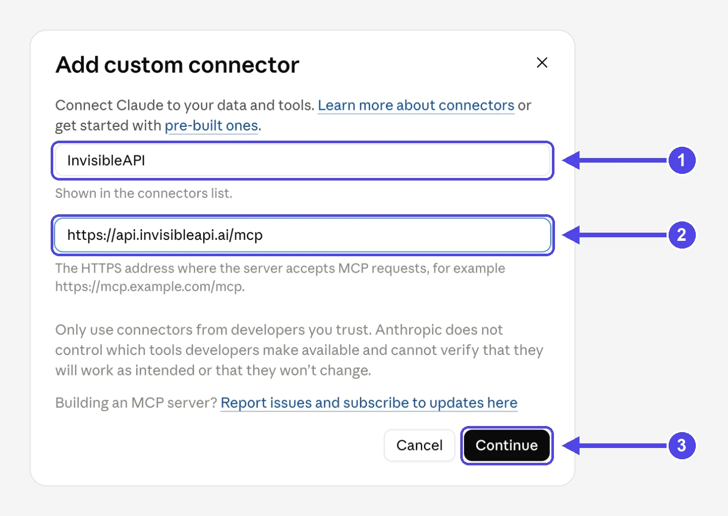 Claude's Add custom connector dialog with the name InvisibleAPI and the URL https://api.invisibleapi.ai/mcp filled in
