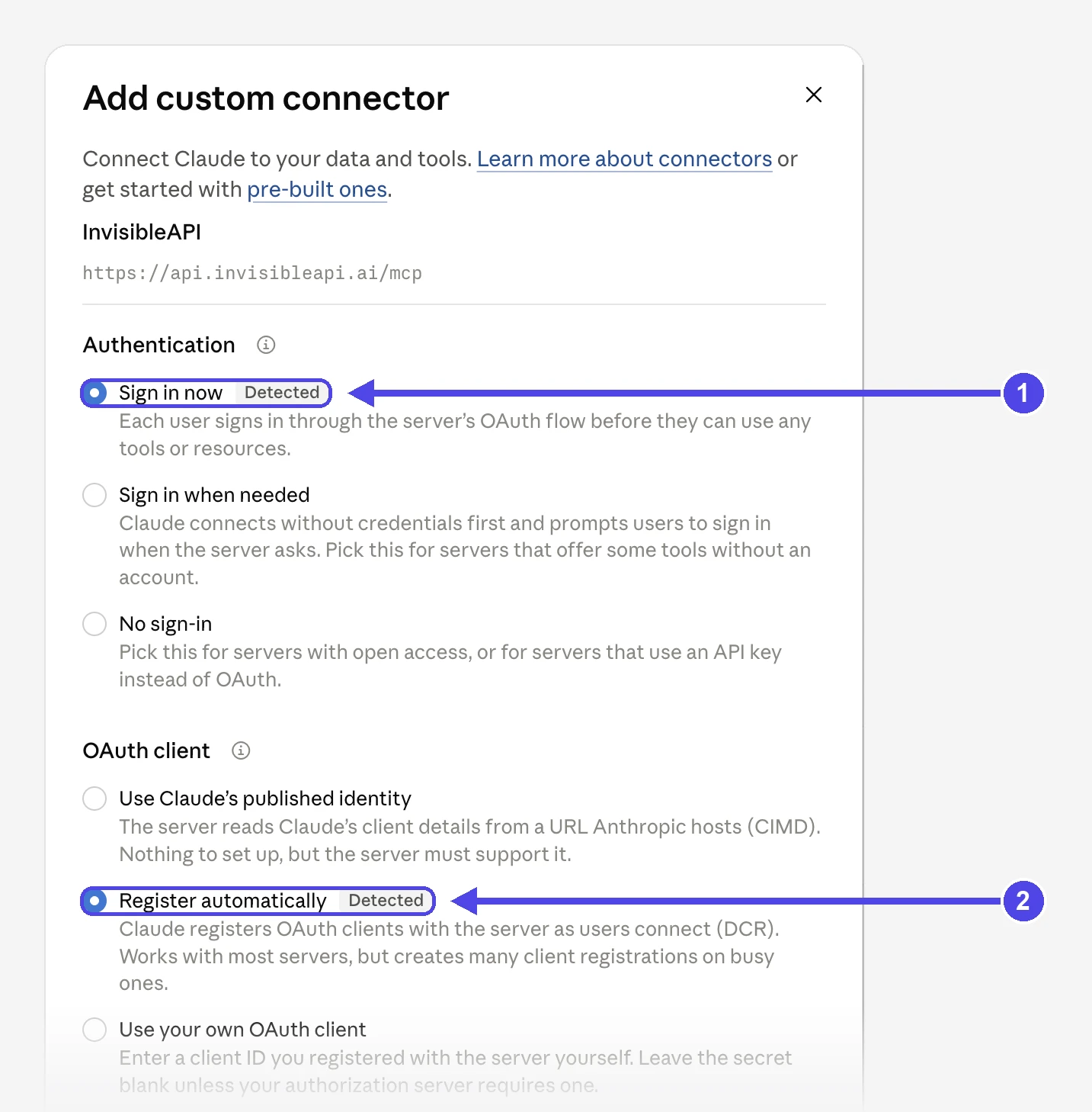 Authentication set to Sign in now and OAuth client set to Register automatically, both marked Detected