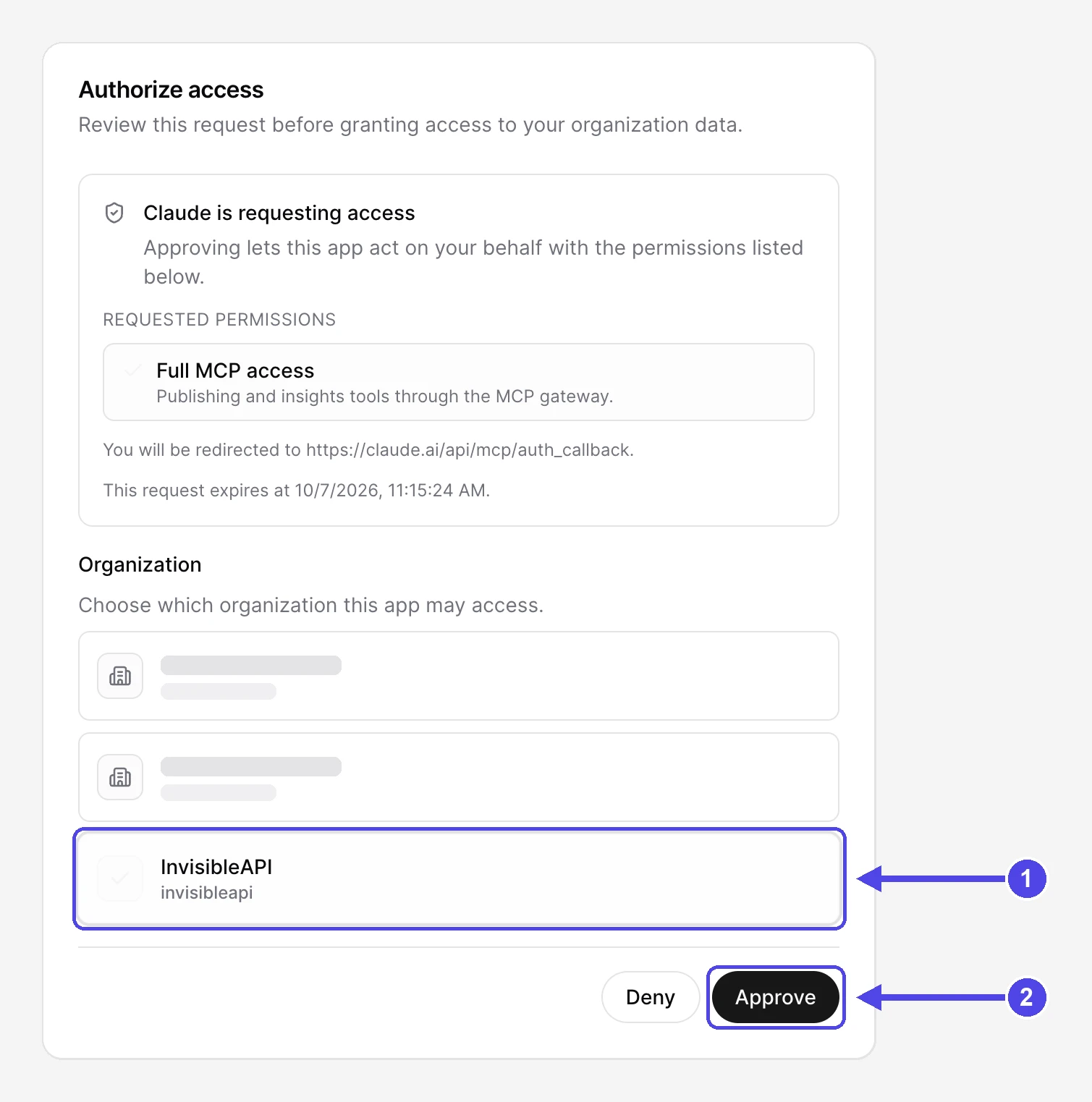 InvisibleAPI Authorize access page with the InvisibleAPI organization selected and the Approve button highlighted